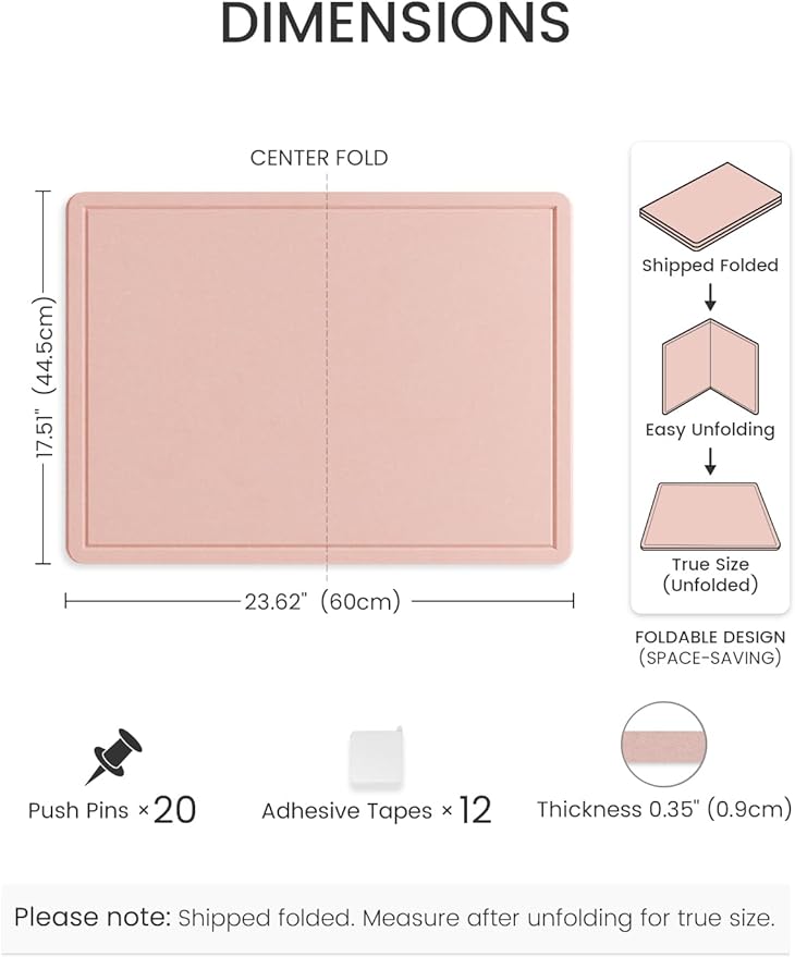 Fluxynara Bulletin Board, 23.6" x 17.5" Cork Board Alternative with 12 Safe Removable Adhesive Tabs, Foldable Felt Pin Board for Home Office, Classroom, Bedroom,Entryway for Walls—Pink