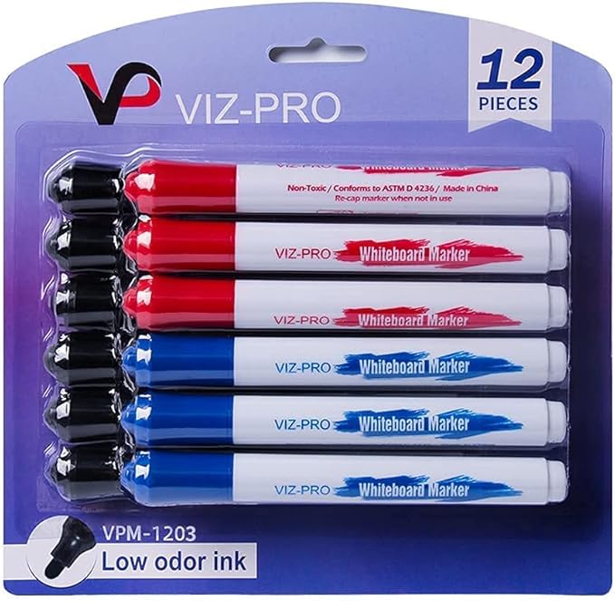 VIZ-PRO Magnetic Dry Erase Board 48 X 24 Inches, Silver Aluminium Frame, with 3 Colored Erasers and 12-Count Markers