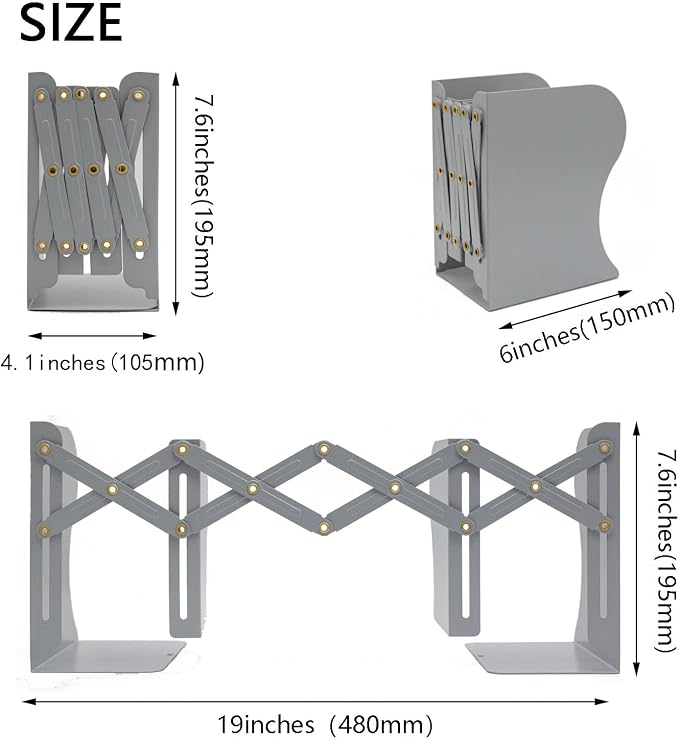Adjustable Metal Bookends Heavy Duty for Shelves, 2 Dividers, Anti-Slip Design Expandable Book Ends for Desk, Office(Gray, 19 inches Max)