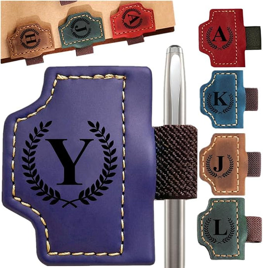 Custom Bookmark with Pen Holder with 26 Letters Personalized Magnetic Leather Book Mark, Customized Name Book Marker Clip with Initial for Men Women, Gifts for Book Lovers, Readers, (Purple, Y)