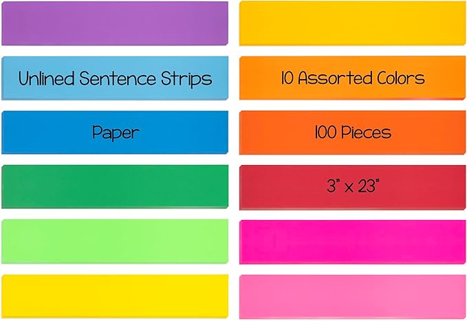 Hygloss Unruled Sentence 3" x 23" Text Weight Paper 10 Assorted Colors, Ideal Teacher Supplies for Classroom-Pack of 100 Strips