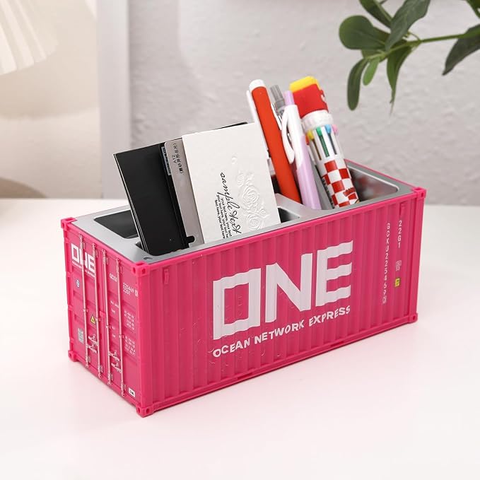 Desk Organizer Office Supplies Multi-function Shipping Container Storage Box Pen/Pencil,Business Name Cards Remote Control Holder Gray, Pen and Pencil Shipping Container Style Holders (Pink)
