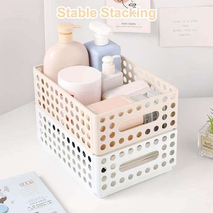 SAYEEC 2 Pack Mini Foldable Plastic Baskets for Organizing Collapsible Crate with Handle Stackable Storage Bin Small Storage Container Box Caddy Desk Drawer Organizer for Home Office Classroom (White)