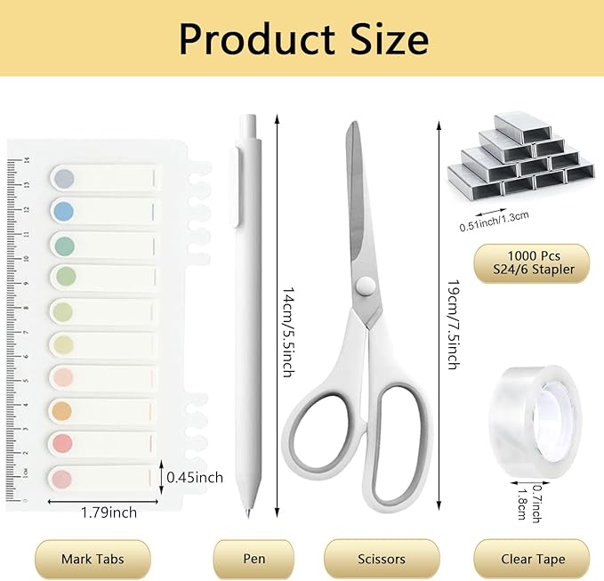 Office Supplies,White Desk Accessories,Office Supplies Set,Stapler and Tape Dispenser Set,Scissors,Staple Remover,Binder Clips,Staples,Ballpoint Pen,Index Tabs with Ruler,Clear Tape.9pcs for Office