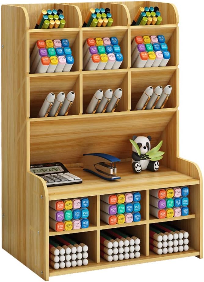 Hggzeg Wooden Desk Organizer, Large Capacity DIY Pen Holder Storage Box Desktop Stationary Storage Rack, Pen Organizer Caddies for Office, Home and School Supplies (B15-Cherry Color)