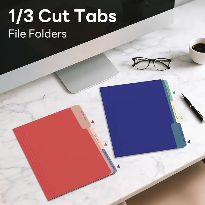 Piasoenc Color File Folders Set of 30, 1/3 Cut Tab, Letter Size Folder for 8.5 x 11 Documents Files, Assorted 6 Colors Filing for Office School Business