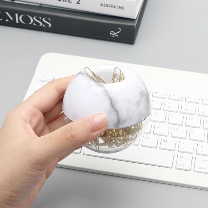NatSumeBasics Marble Paper Clip Holder Magnetic Cute Paper Clips Dispenser with 100 Gold Paperclips for Desk Organizer Accessories Supplies (Marble)