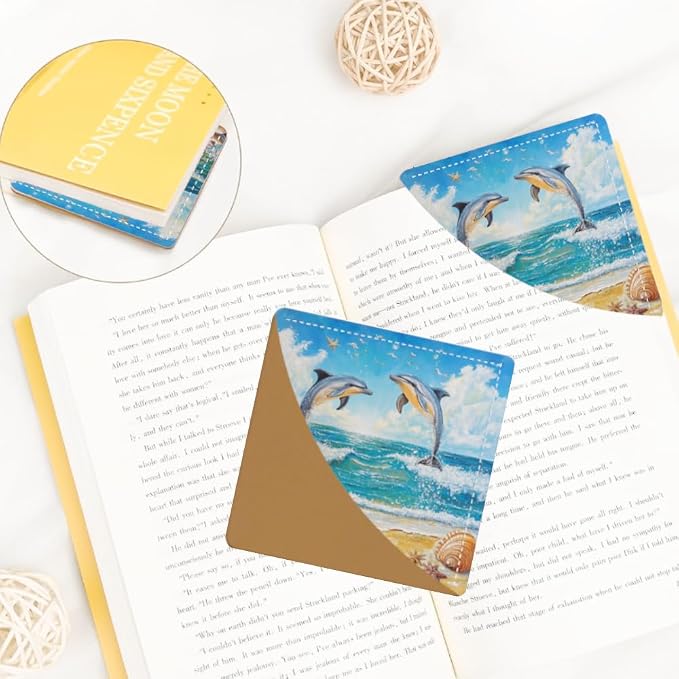 2PCS PU Leather Bookmarks 3.5x3.5 Inch Dolphin Ocean Design | PU leather bookmarks with dolphin ocean design for novels, journals, planners, students, teachers and book lovers.