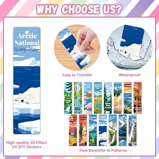 Peacoblue 30pcs UV DTF Bookmarks Transfer Stickers Wraps Flat Illustration Landscape for Women Men Reading, Waterproof Bookmarkers Decal(No Blank Bookmarks) for Acrylic Plastic Metal Blank Bookmark