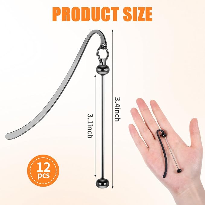12 Pcs Beadable Bookmarks DIY Metal Bookmark Bar, Metal Beadable Blank Bar Beaded Bookmark Craft Jewelry Pendant DIY Modern, Charm Gifts for Book Lovers, Students, Teachers Office Supplies (Black)