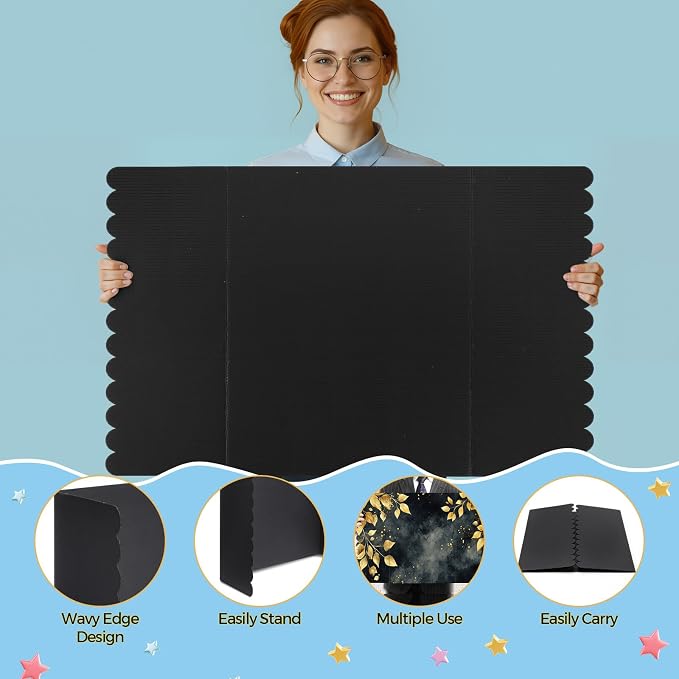 Mooliwe 4 Pack 24" x 16" Trifold Poster Board, Medium Tri Fold Board Foldable Corrugated Presentation Display Scalloped Borders for Science Fair, School Project, Graduation Photo Display(Black White)