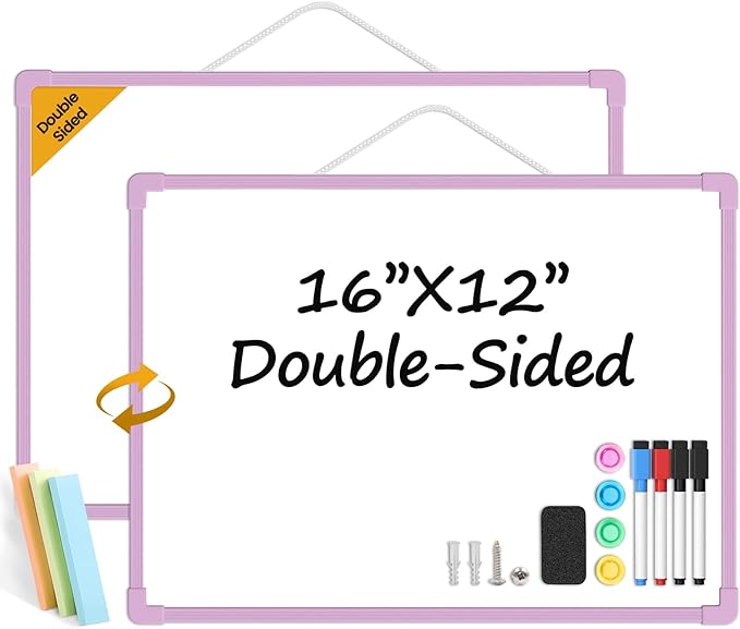 Purple Frame Small Dry Erase Board for Wall, 16" x 12" Double-Sided Hanging Whiteboard with 4 Markers, 4 Magnets and 3 Mini Sticky Notes, Portable Whiteboard for Home, Office, School