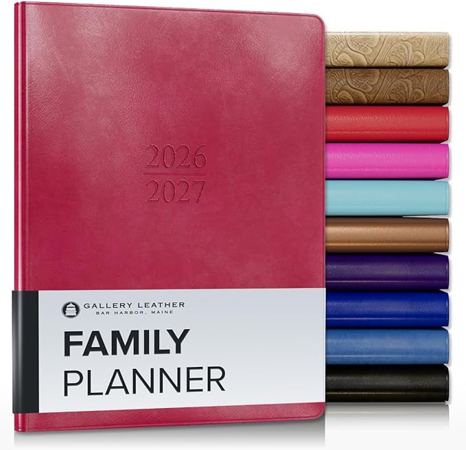 Gallery Leather Family Planner 2027, for moms, Elegantly Bound Calendar Planner and Notebook with Stylish White Page Edges, 18 Months - Acadia Wild Rose - 9x7"