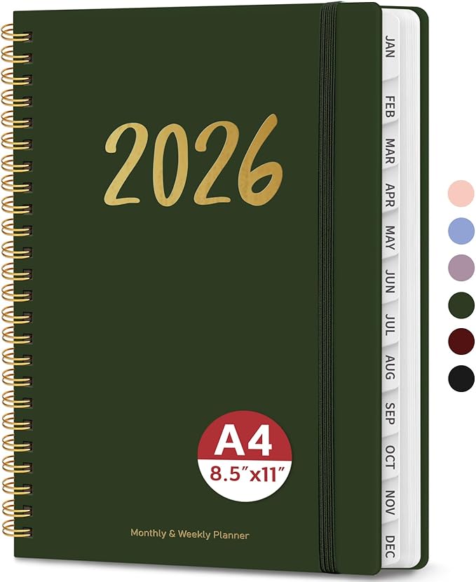 2026 Planner - Weekly and Monthly Planner, January 2026 to December 2026, Spiral Bound 2026 Calendar Planner Book, Inner Pocket, Perfect for Office Home School Supplies - A4 (8.5" x 11"), Dark Green