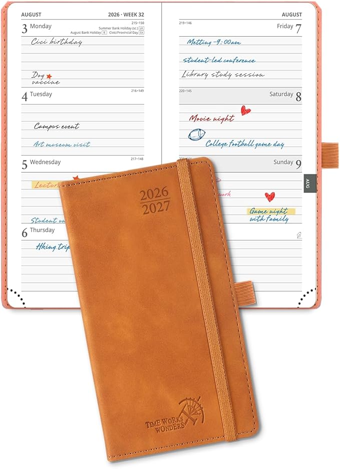 POPRUN 2026-2027 Pocket Weekly Planner for Purse, 3.5" x 6.5" Slim Size, Small Calendar from August 2026 to December 2027, Hardcover Appointment Book with Horizontal Layout, Monthly Calendar, 70 GSM Paper - Brown