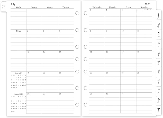 2026-2027 Monthly Planner Refill, A5 Medium Size Planner Inserts for 7 Ring, 5.5" x 8.5", Jul. 2026 - Dec. 2027, 18 Monthly Calendars with Laminated Tabs, 7-Hole Punched