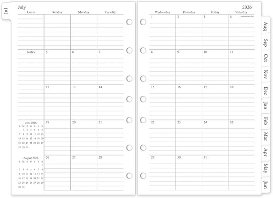 2026-2027 Monthly Planner Refill, A5 Medium Size Planner Inserts for 7 Ring, 5.5" x 8.5", Jul. 2026 - Dec. 2027, 18 Monthly Calendars with Laminated Tabs, 7-Hole Punched