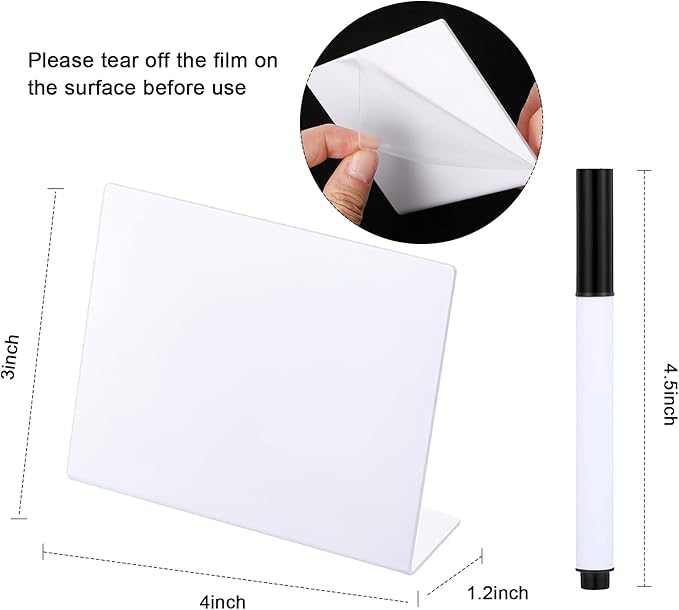 Outus 12 Pcs 4 x 3 Inches Buffet Food Labels Mini Small Chalkboard Signs White Acrylic Food Markers Little Price Signs with 2 Pcs Erasable Marker for Wedding Birthday Bakery Table Display