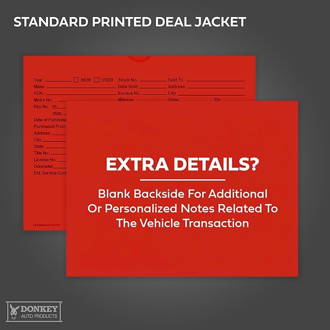 Printed Vehicle Deal Envelopes 9x12 Deal Jackets (100 shrink wrapped) (Red)