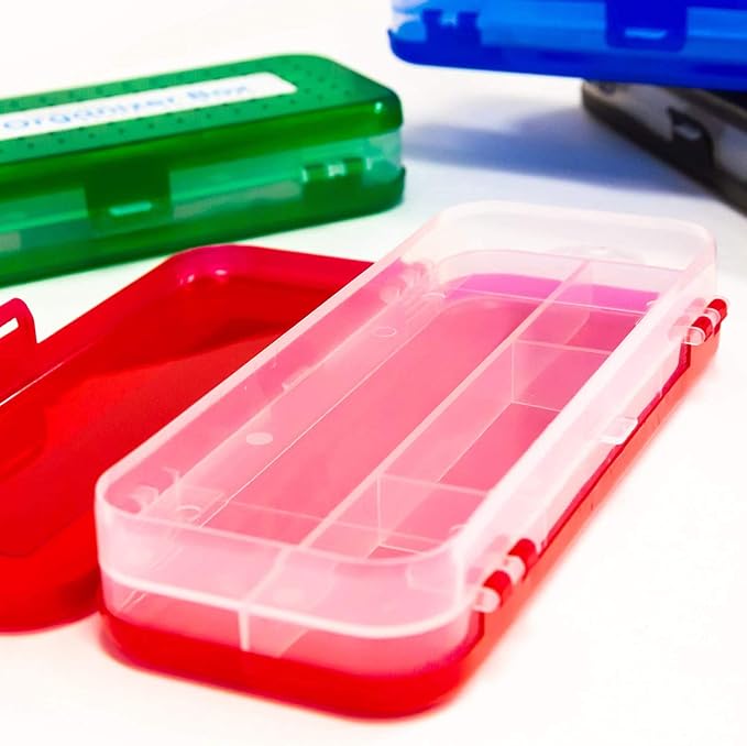 Double Deck Organizer Box, 8.25" x 3.25" x 1.5", 2 Latched Sides - 5 Compartments (4-Pack, Black, Red, Blue, White)
