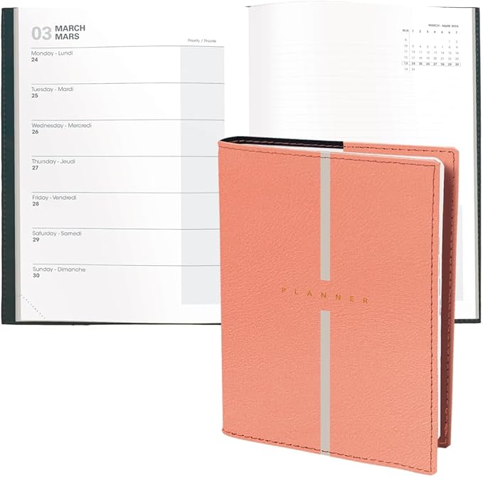 Quo Vadis 2026 Note - Bi-Lingual (EN/FR) - Weekly/Monthly Planner - 16 Months, Sept. 2024 to Dec. 2026 - 6" x 8 1/4" - Grained Faux Leather Billy Blush Cover - A Modern Design for Journaling and Detailed Planning