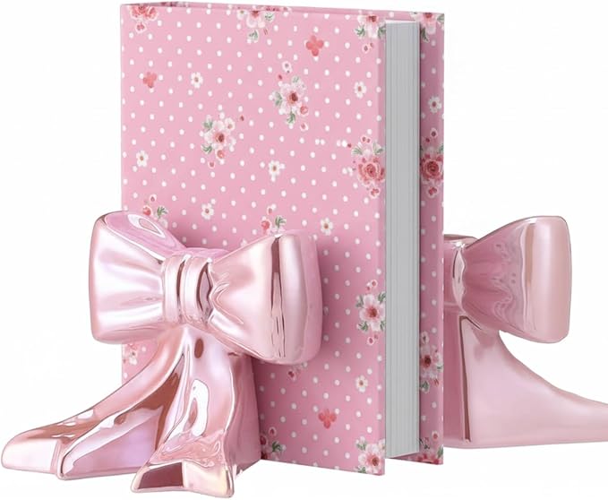 Leinuosen 2 Pcs Pink Bow Bookends Ceramic Cute Book Ends Decorative Book Stand Bow Sculpture Statues Tabletop Shelf Ornament Room Decor for Home Office School Dorm Girl Desk