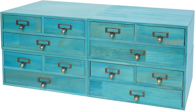 4 Pcs Vintage Wood Desktop Organizer, 4x3 Drawer Apothecary Cabinet with Metal Handles, Stackable Storage for Office Home School, Makeup Jewelry Tea Stationery Herbs