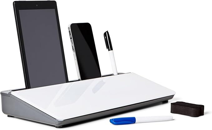 GAROOD Desktop Dry Erase Board with Storage (Grey Base) Desk Desk Board Glass Desktop White Board with Stand Home Office Organizer Phone Holder 15.8X7X2 inches