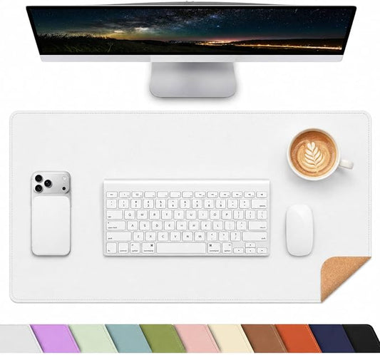 AFIING Cork Desk Mat 35.4" x 17", Dual-Sided Natural Cork & PU Leather Desk Pad, Non-Slip Waterproof Large Mouse Pad for Office, Home & Gaming, White