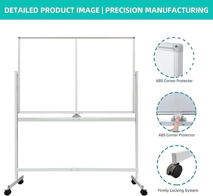 BIBOC Rolling Stand White Board 32×48 Inches, Double Sided Mobile Dry Erase Board with Aluminum Frame, 360 Rotating for Home Office Classroom
