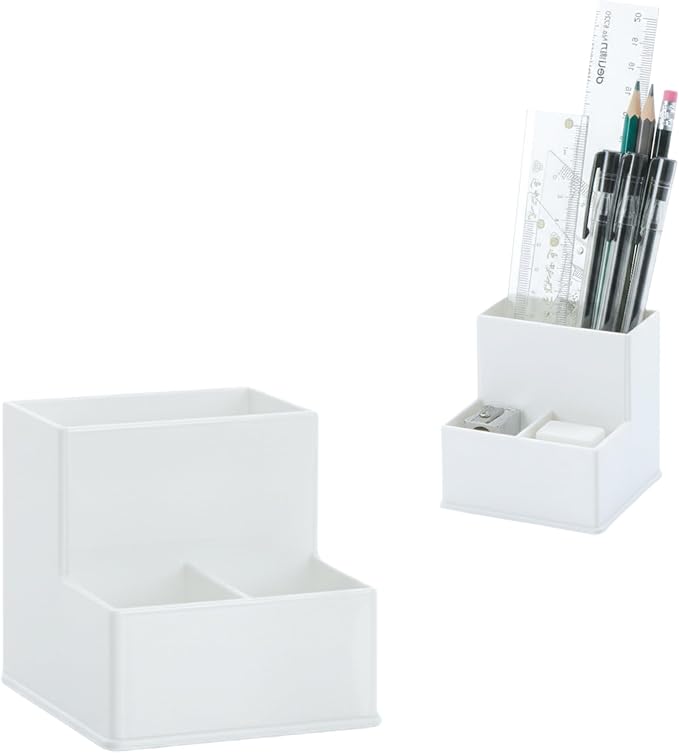 White Pencil Holder for Desk | 3 Compartment Organizer Square Pencil Holder | Sharp and Dull Pencil Holders for Office, Meeting Room, Reception | Office Desk Accessories Organization and Storage