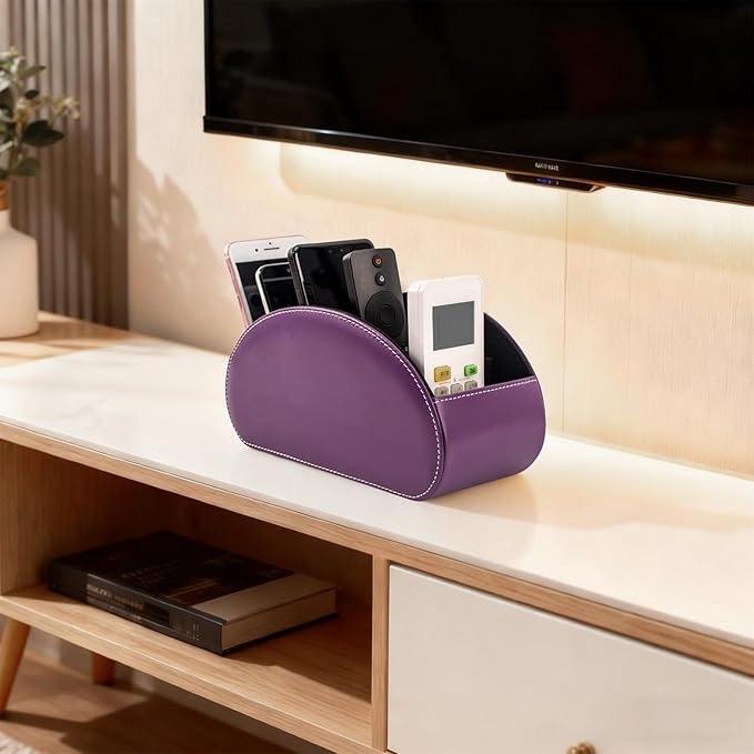BONNY DODO Remote Control Holders Organizer Box with 5 Compartment PU Leather Multi-functional Office Desk Storage Caddy Store (Dark Purple)