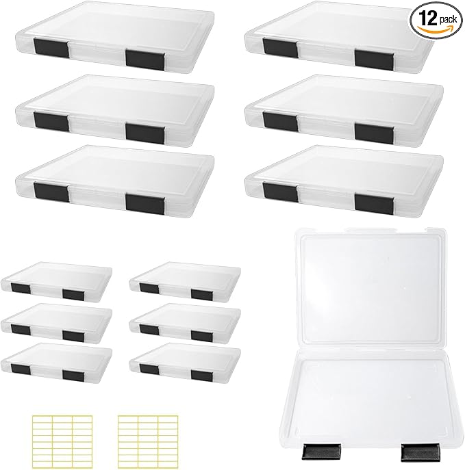 12 Pcs Clear A4 A5 File Box Document Plastic Storage Box with 48 Labels File Holder Organizer Box Paper Plastic Case Magazine Protector with Buckle Office School Supplies(Black)