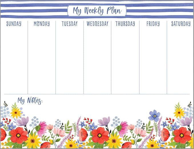 Gina B Designs-Weekly Planner Calendar Pad with Attachable Magnet- Blue Stripes & Flowers-Made in the U.S.A.
