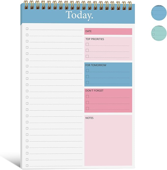 KMQOY To Do List Notepad - Daily Planner Pad Undated 52 Sheets Spiral Today Planner Note Pad Premium Thick Paper 6.5" x 9.8" For Work and Personal Organized - Pink & Blue