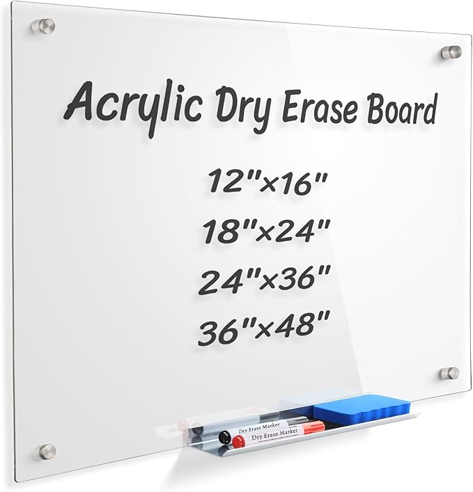 Acrylic Magnetic Dry Erase Board for Fridge,12”X16” Clear Whiteboard for Wall,Frameless Magnetic Dry Erase Board for Kitchen,Office,Classroom,Includes Makers/Eraser/Maker Holder/Magnets.3040C