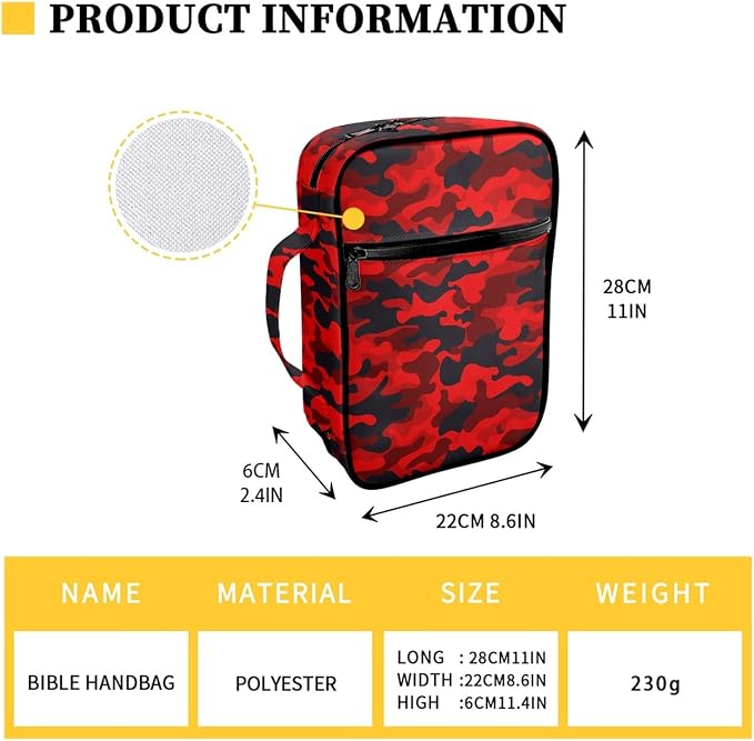 Coldinair Red Black Camo Print for Men Women Teens,Camouflage Carrying Book Case Church Bag Bible Protector with Handle and Zipper Pocket
