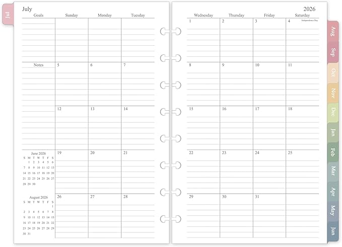 2026-2027 Monthly Planner Refill, Jul. 2026 - Dec. 2027, A5 Medium Size Planner Inserts for 8-Disc Discbound, 5.5"x8.5", 18 Monthly Calendars with Colorful Laminated Tabs