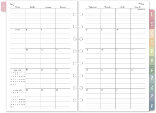 2026-2027 Monthly Planner Refill, Jul. 2026 - Dec. 2027, A5 Medium Size Planner Inserts for 8-Disc Discbound, 5.5"x8.5", 18 Monthly Calendars with Colorful Laminated Tabs