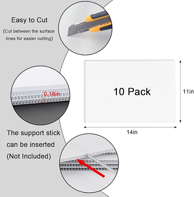 Corrugated Plastic Poster Board 11" x 14", 10 Pack White Corrugated Plastic Board, 3/16 Inches Thick Poster Sheets for School Projects, Craft, Art, Waterproof Blank Yard Signs for Outdoor