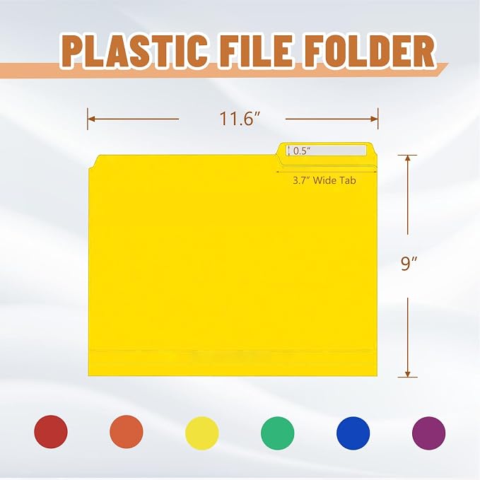 36 Pack Plastic File Folders with Pocket, 1/3 Cut Tab Heavy Duty Poly Manila File Folder with Sticky Labels, Bulk Thick Assorted 6 Colors Document Organizer for Home Business Office Supplies