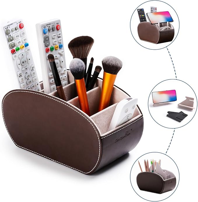 PU Leather Multi-Functional Office Organizar Box Remote Control Holder Desk Storage Suppliers Caddy Table with 5 Compartment Store TV Remote, Brush, Pencil, Glasses, Media Player (Dark Brown)