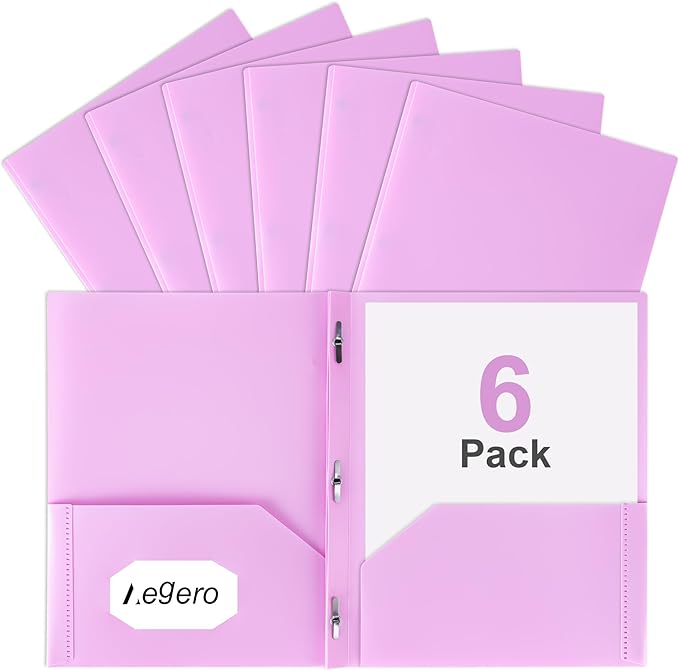 Aegero Folders with Pockets and Prong with Fasteners (6 Pack,Purple Pink),Durable Plastic Pocket Folders with Prongs,Tear Resistant,2 Pocket 3 Prong Folders for Schoolwork & Office,Letter Size