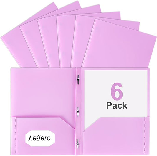 Aegero Folders with Pockets and Prong with Fasteners (6 Pack,Purple Pink),Durable Plastic Pocket Folders with Prongs,Tear Resistant,2 Pocket 3 Prong Folders for Schoolwork & Office,Letter Size