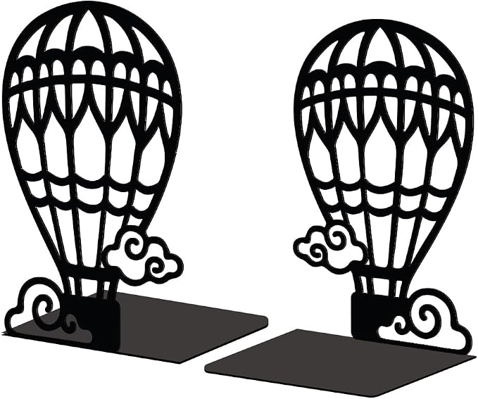 Peacoblue Metal Bookends for Shelves, Modern Decorative Heavy Duty Study Book Support Stoppers for Office, Desk, Shelf, Room 5.3"x4.3"x7.9" Cast Iron Simple Tall Bookends, 1 Pair (Hot Air Balloons)