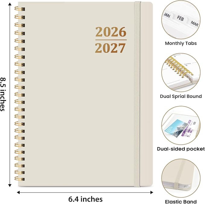 Academic Planner 2026-2027, Weekly and Monthly Calendar Planner Book, July 2026 – June 2027, Hardcover Organizer with Tabs, Perfect for Teachers, Students, Women & Men, A5 (6.4" x 8.5") - Beige