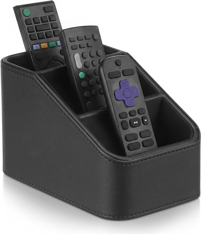 PU Remote Control Holder, Remote Caddy Box with 3 Compartments for Nightstand Bedside Table Couch Desk, Small Storage Organizer for Glasses,Pens,Cosmetics,Office Supply