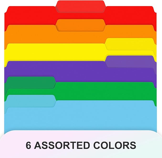 Comix Plastic Colored File Folders, 30 Pack, 1/3-Cut Tabs, Letter Size 8.5x11, 6 Assorted Colors, Poly Folders for Documents, Office, Home, School Organization