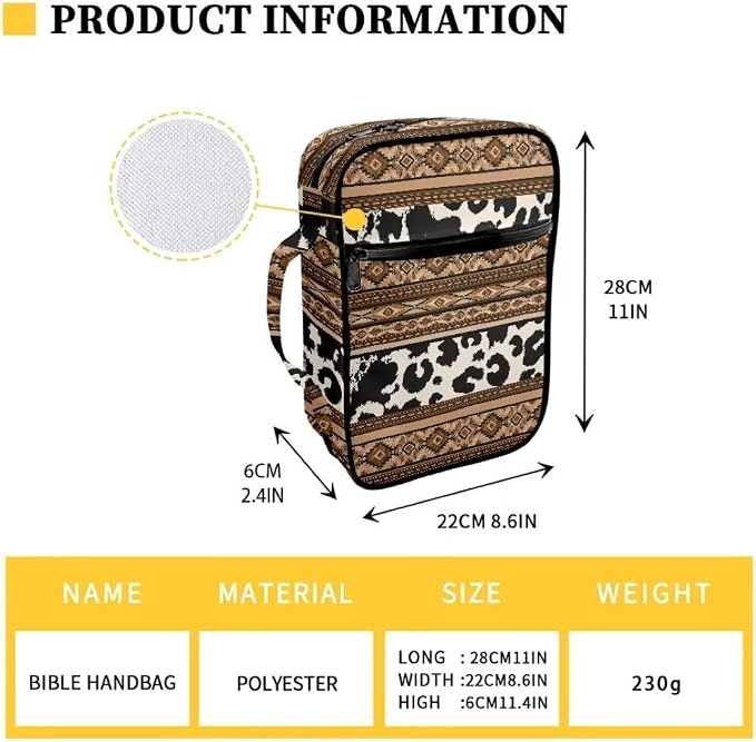 Coldinair Tribal Aztec Bible Covers for Women Men,Native Geometric Carrying Book Bible Case Cow Print Church Bag Bible Protective with Handle & Zippered Pocket