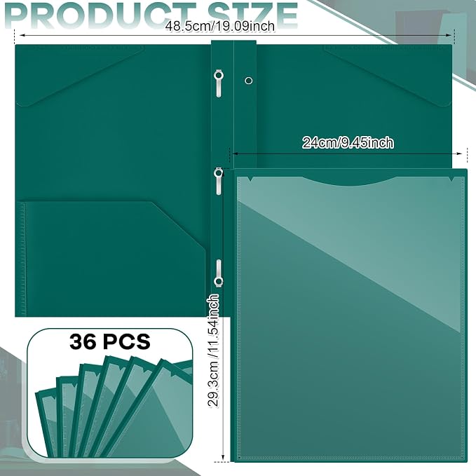 Henoyso 36 Pcs Plastic Folder with Clear Front Pocket and 3 Prong Plastic Folders with Card Slot Pocket Folders with Prongs for School Office (Forest Green)